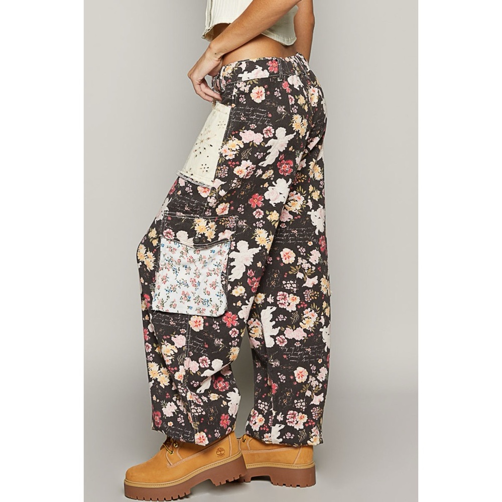 POL Black Floral Print Patchwork Cotton Joggers - Picture 5 of 10